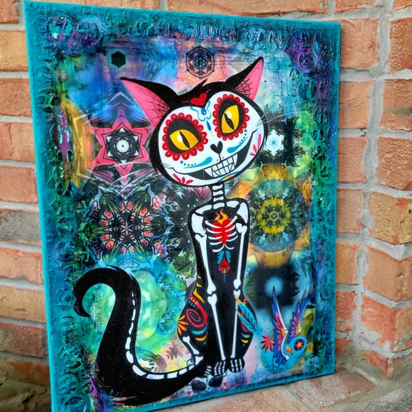 Sugar Skull Cat and Sparrow Day of Dead Painting Large 16x20 Canvas Handmade - Picture 2 of 10